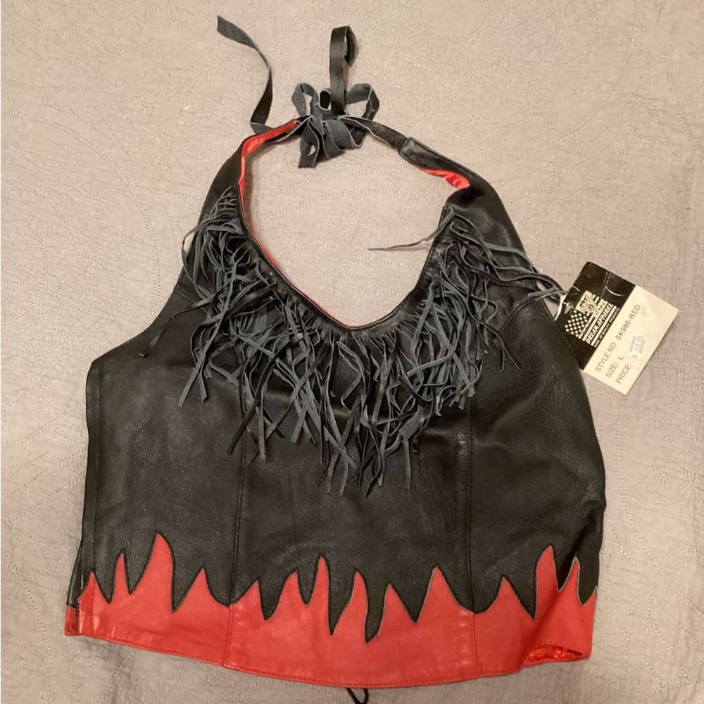NWT Black and Red Leather Fringe Halter Top